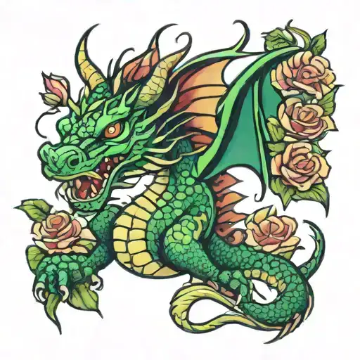Green Dragon With Rose