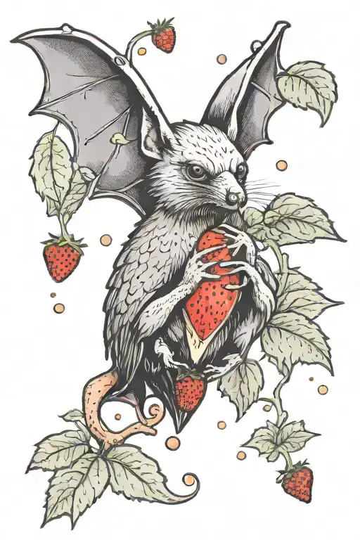 Fruit Bat Eating A Strawberry With Crystals And Plants Around Them