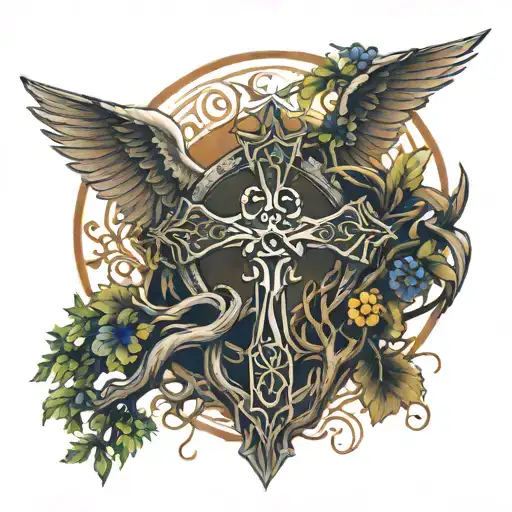 A Tree Of Life Intertwined With A Cross With An Angle With Wings Spread Above The Cross