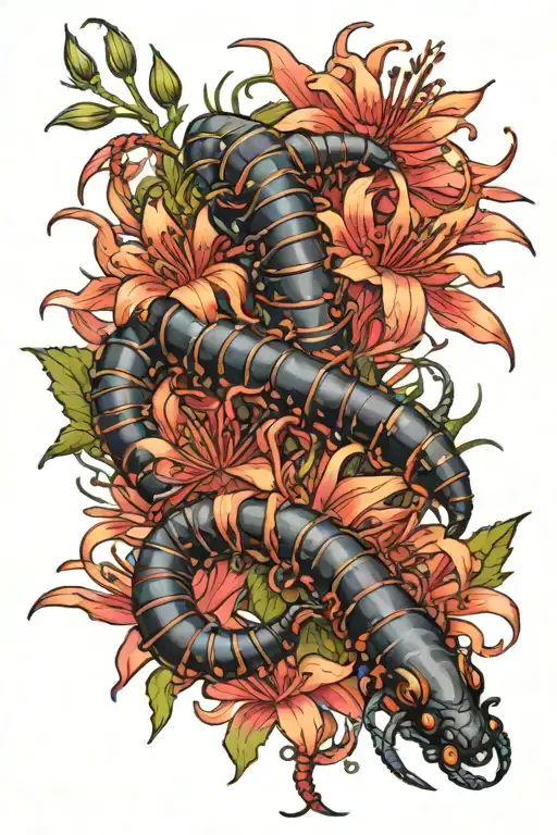 Realistic Centipede With Red Spider Lily