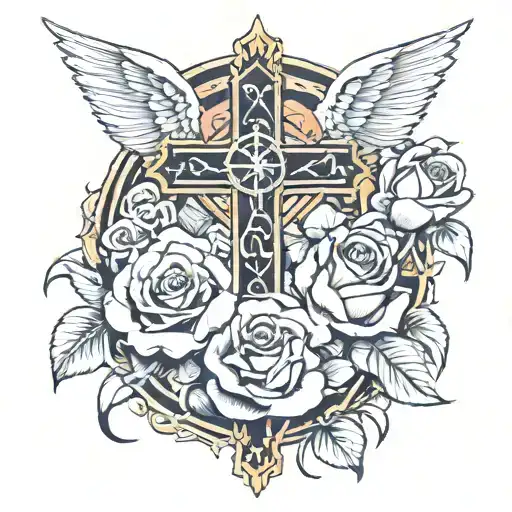 Cross God Shining On Top Of Angels With Numeral Number Ribbion On Top Of A Rose With A Number Date