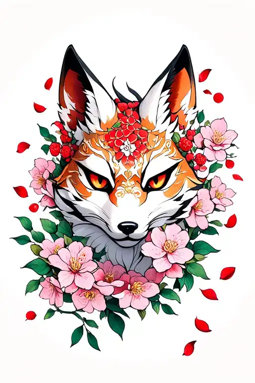 A Kitsune Mask Surrounded By Cherry Blossoms Falling Turning Into Rose Petals