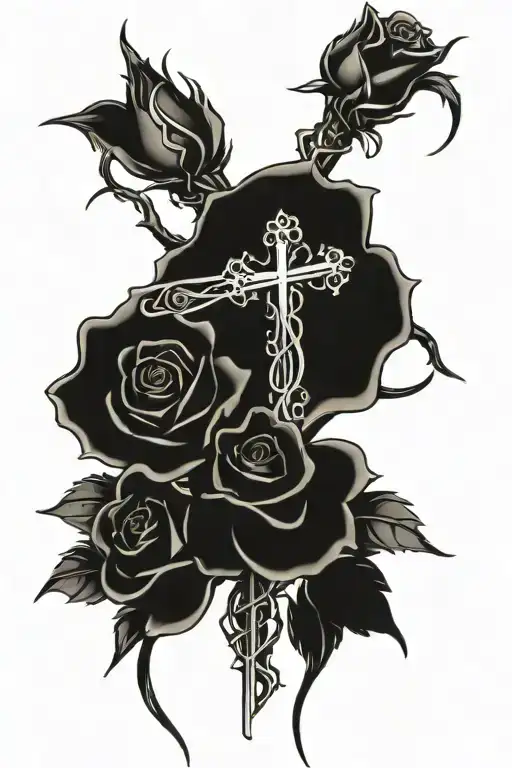 Thorns Wraping Around A Christian Cross With A Cuff Of Roses