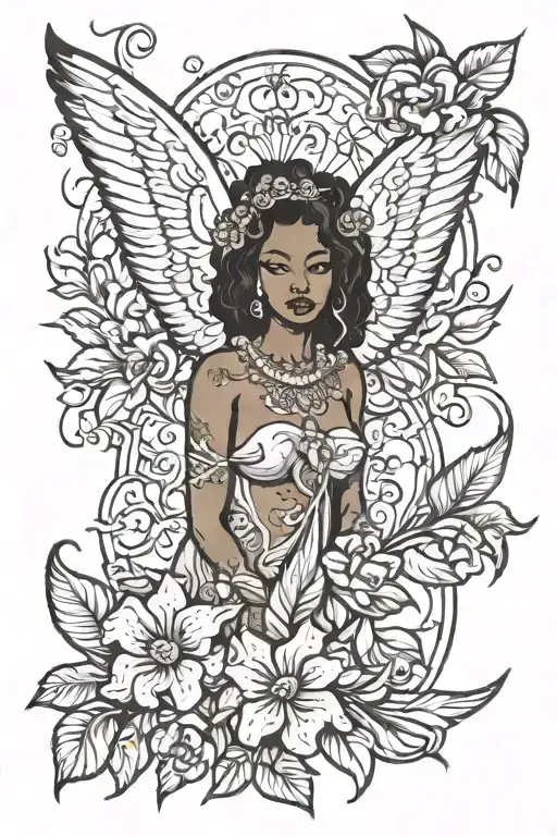 Carnival-themed Tattoo Sleeve Design Featuring A Black Female Angel With Pride Of Barbados Flowers