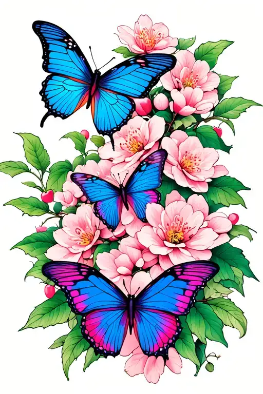 Cherry Blossum Vine And 5 Butterflies