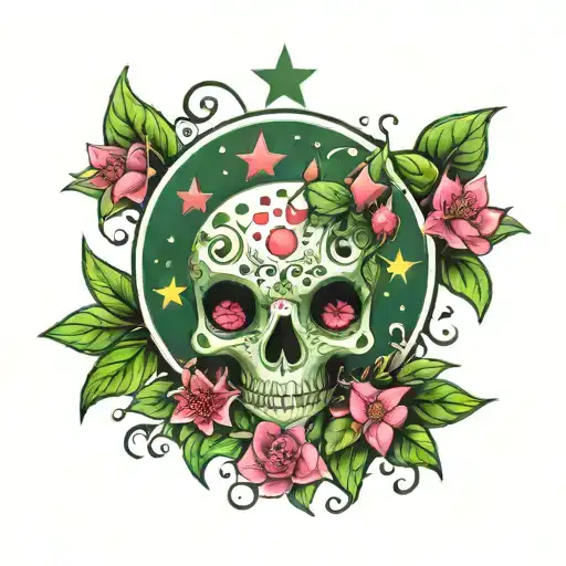 Tattoo Moon With Face Flowers Fly Agarics Green Pink Stars