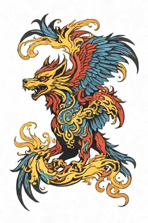 A Flaming Red And Yellow Phoenix Rising From The Ashes Fighting A Blue Strong Wolf