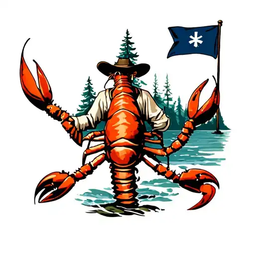 Lobster In Fisherman's Outfit And Maine Flag Pine Tree