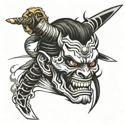 Japanese Oni Mask Split With A Katana Going Vertical