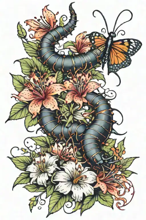 Realistic Centipede With Flowers And A Red Spider Lilly