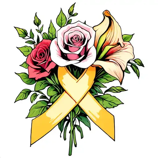 Roses And Calla Lilies With Cancer Ribbon Intertwined
