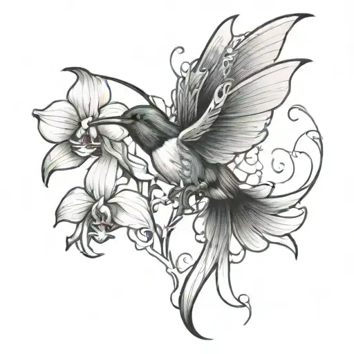 Orchid Flowers And Humming Bird