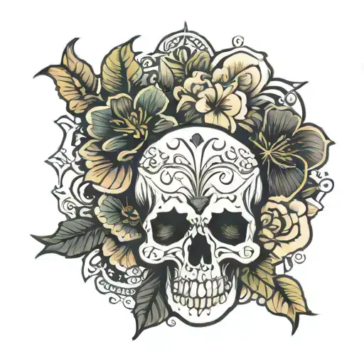Skull Neo Mandala Hibiscus Flowers