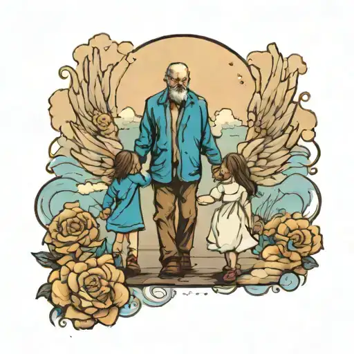 Little Girl Walking Dad To Heaven Holding Hands With Cross And A Blue Crying Eye