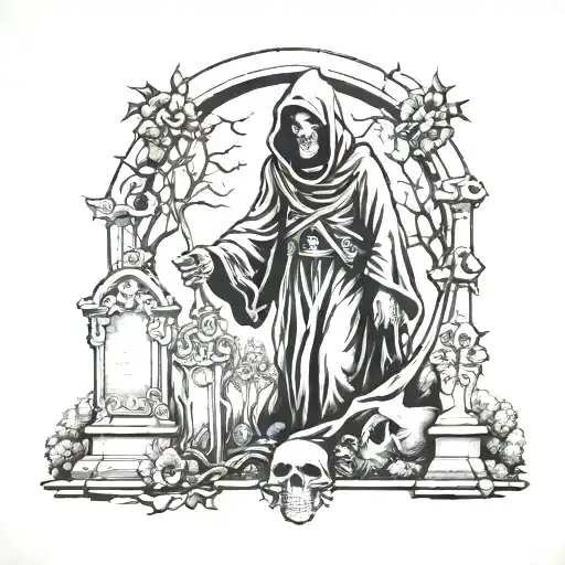 Grim Reaper Walking In Cemetery