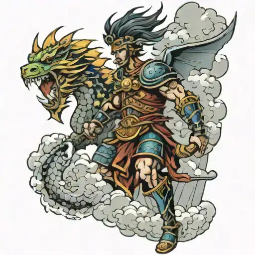 Roman Warrior And Dragon With Lightning And Clouds