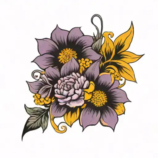Fine Line Tattoo Of Violet Flowers And Marigold Flowers In A Shape Of A Cancer Ribbon