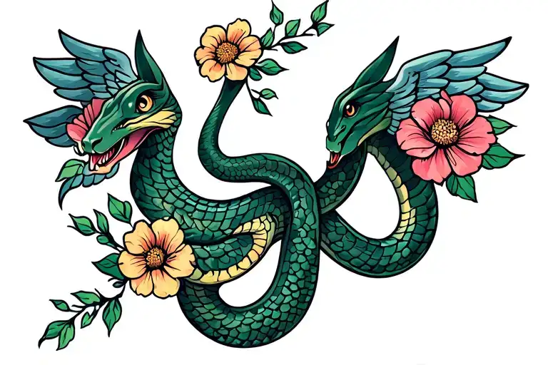 A Winged Snake With Two Heads With Colored Flowers Around It