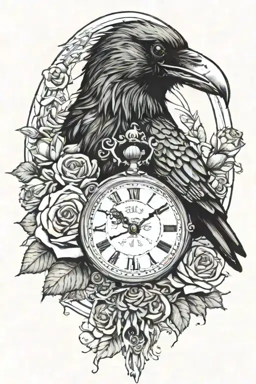 Unraveling Raven Holding A Broken Pocket Watch In Its Mouth Surrounded By Roses And A Banner