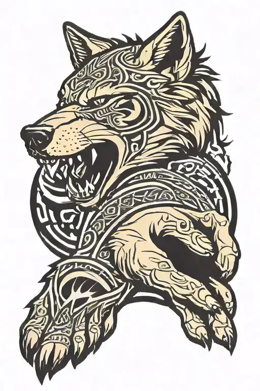 Tribal Wolf Snarling Surrounding A Bear Paw Print Sleeve On Forearm