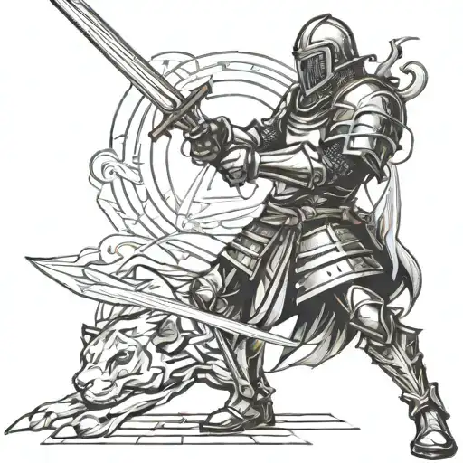 Knight Holding A Sword In A Ready Stance Fighting Linear