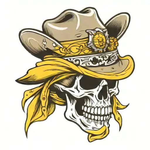Skull Wearing Cowboy Hat With Yellow Neck Bandana