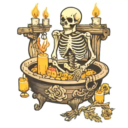 Skeleton In Wooden Bathtub Surrounded By Candles Fire Is Colored