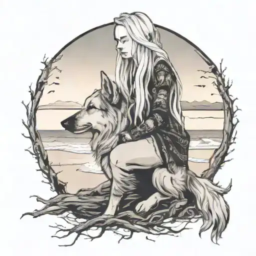 Young Long Haired Blonde Woman At Driftwood Beach At Sunet With Mostyl Black Geermna Shepherd