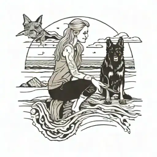 Young Blonde Woman At Driftwood Beach With Mostly Black German Shepherd