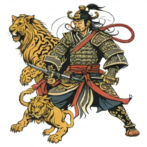 Samurai Surrounded By Lions Facing Each