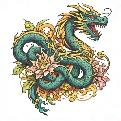 Dragon And Flowers Intertwined Symbolizing The Client's