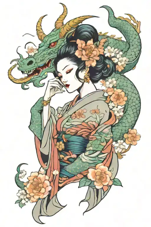 Samuria Dragon Geisha Covering Her Face Temple Flowers Balance