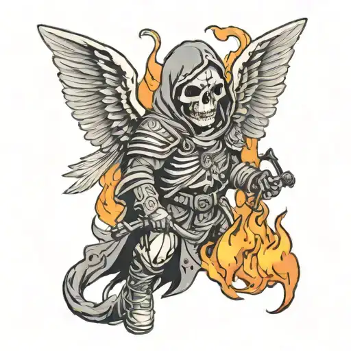 Hooded Skull Face Soldier With Wings Walking On Skulls On Fire