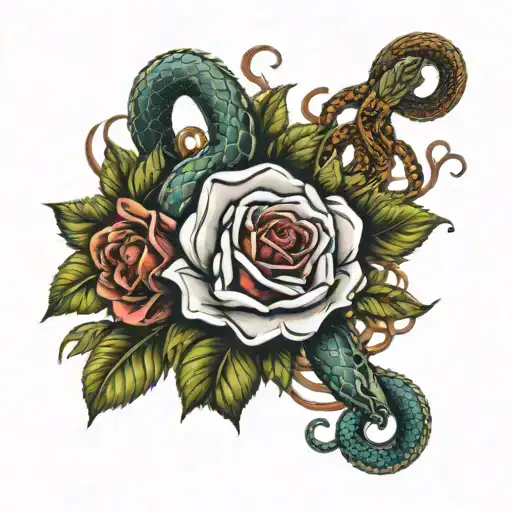 Dolk Through Rose With Leaves Surroundes By 2 Snakes In Color In Tatttoo Style