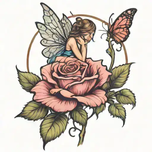 Fairy Leaning On The Stem Of A Rose