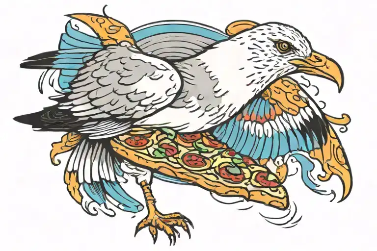 Seagull In Animal Print With A Mohawk And A Slice Of Pizza In It's Beak