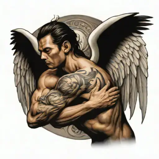 A Muscular Male Angel Holding And Protecting Woman