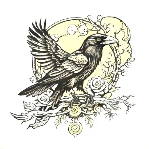 Forest Raven With Scroll And Moon