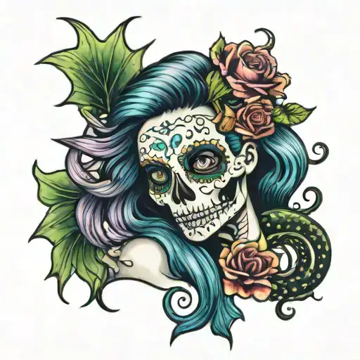 Skeleton Mermaid With Day Of The Dead Head