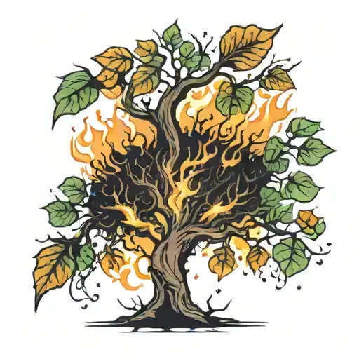 Burning Tree With Leaves Falling