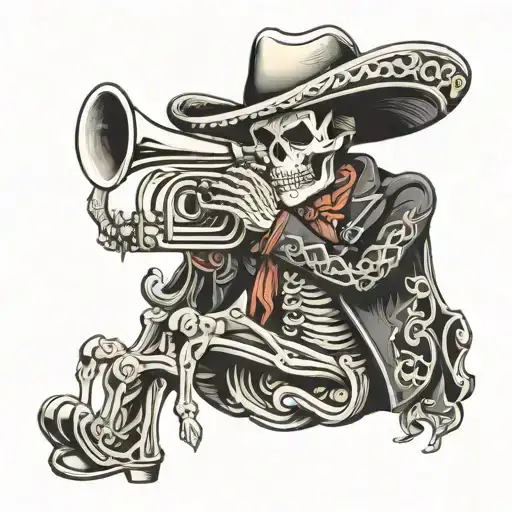 Skeleton Charro Playing Trumpet Full Body