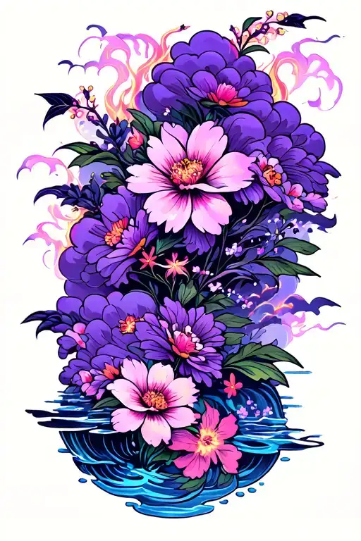 Neon Japan Style Flowers Purple Fire Clouds And Water