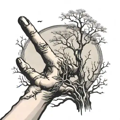 Leafless Tree Growing From The Pointer Finger Of A Reaching Male Hand