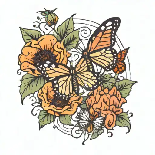 Poppy Flower With Monarch Butterflies Line Design Inspired