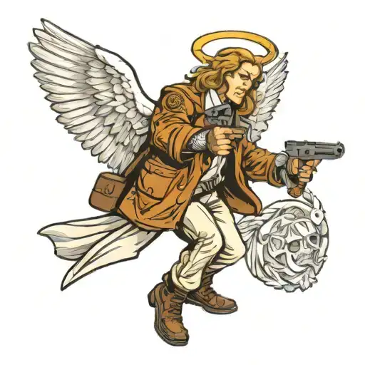 An Angel Wearing A Biker Kutte While Pointing A Gun To The Right