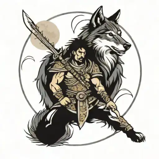 An Warrior And A Wolf With Full Moon Background