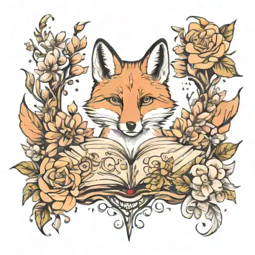 Fox And Flowers And Book Surrounded