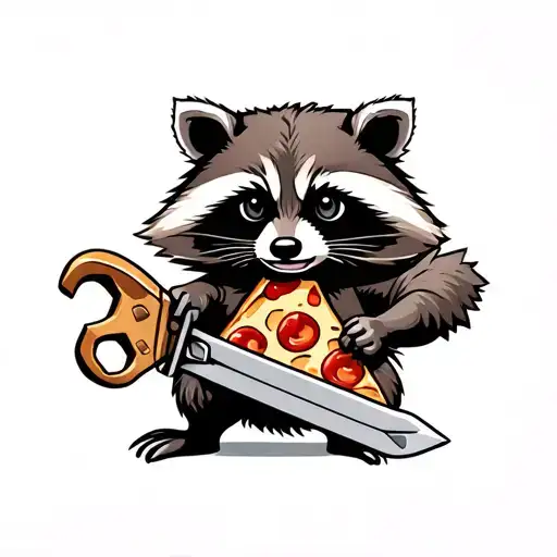 Raccoon Holding Wrench Like Sword With Pizza Slice As Shield