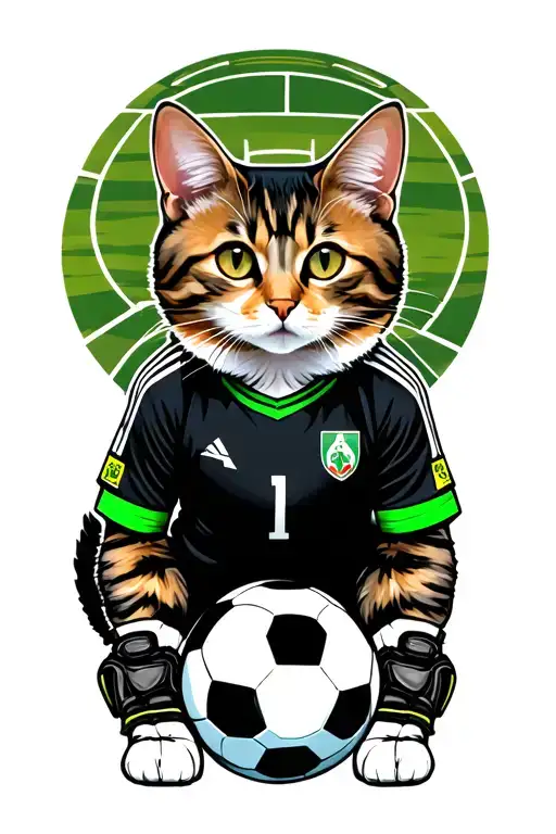 A Cat In A Black And Green Soccer Kit With A Soccer Ball Wearing Goalkeeper Gloves