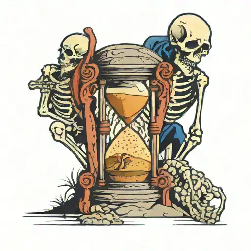 Skeleton Trying To Put Sand Back Inside Of An Hourglass Standing Next To An Open Grave